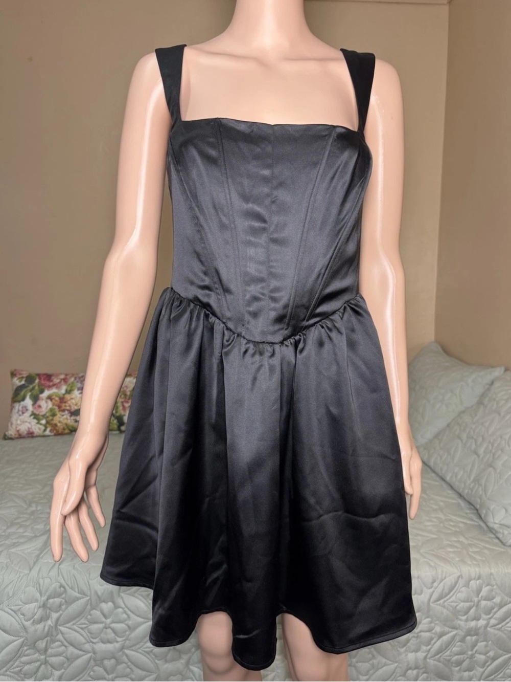Target Black Recycled Polyester Satin Square Neck Smocked Sleeveless Mini M